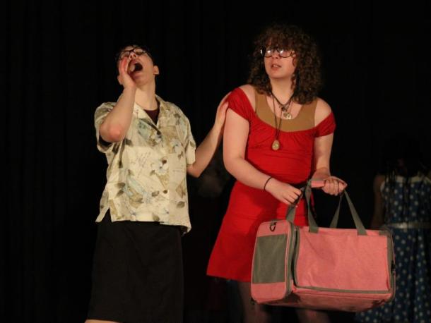 Sabrina Bell and Addison Freeman on the sound stage for the play's game show. Photos by Brandy Muz