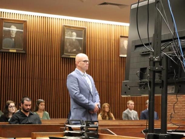 Selectman Jared Chadwick stands in the courtroom on Thursday, July 9. Photos by Nick Mossman