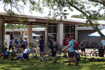 The area outside the Decas School was packed with snacks, cyclists and bicycles. 